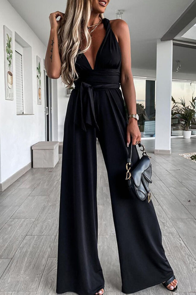 Fashion Casual Solid Backless V Neck Loose Jumpsuits