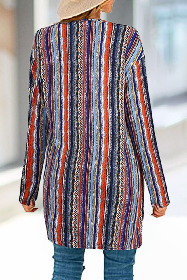 Fashion Street Striped Print Split Joint V Neck Outerwear
