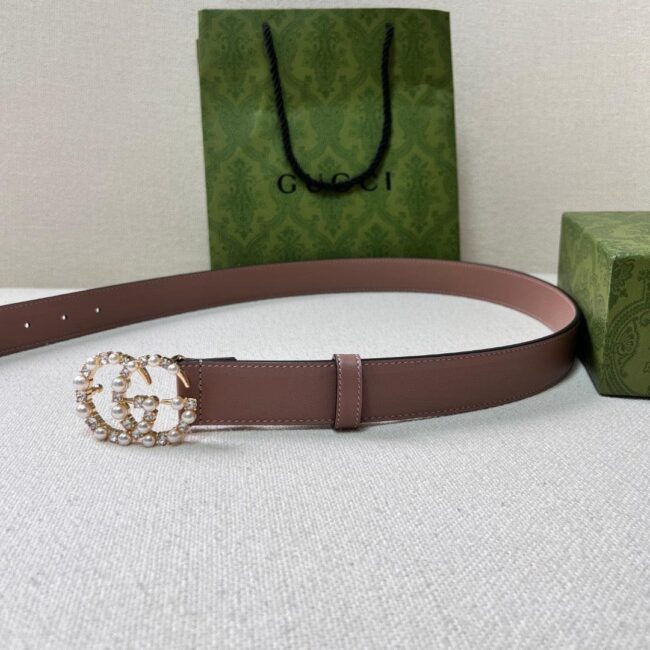 Bl197 Gg Leather Belt With Pearl Double G / 30Mm